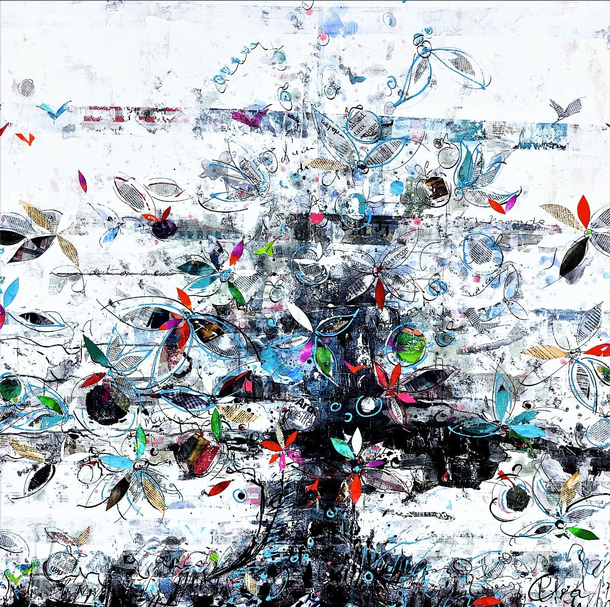 Goutte d'eau dans les arbres, Peinture acrylique et collage sur toile, 120x120 cm, 2021 © Isabelle Vougny
