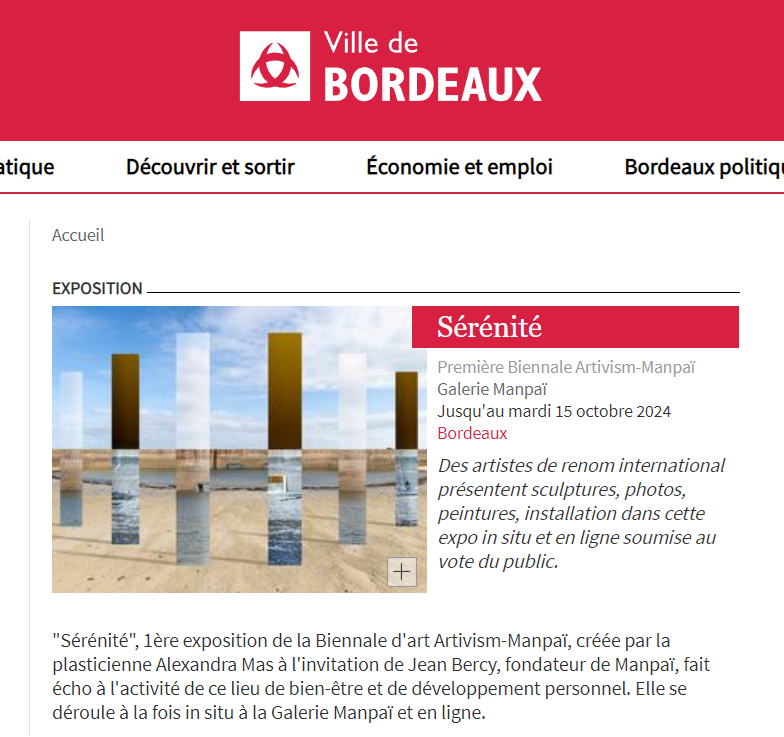 Visual of the article "Exposition / Sérénité" ( Art Show/Serenity) published by the city of Bordeaux website.